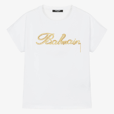 Shop Balmain Teen Girls White Embroidered Cotton T-shirt