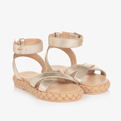 Shop Chloé Girls Gold Braided Leather Sandals