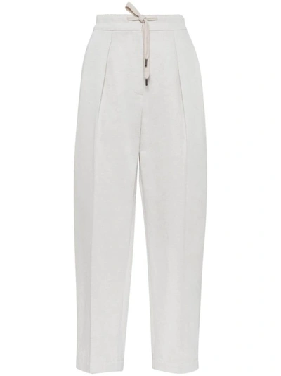 Shop Brunello Cucinelli Off-white Cotton-linen Blend Gabardine Trousers