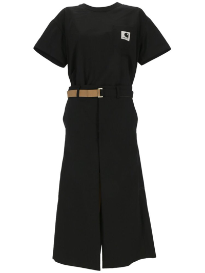 Shop Sacai X Carhartt Wip Logo Patch Belted Waist Dress In Black
