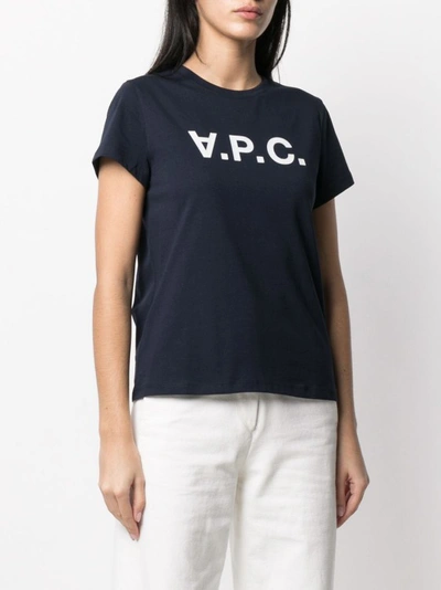 Shop Apc Navy-blue/white Cotton Logo-print Cotton T-shirt