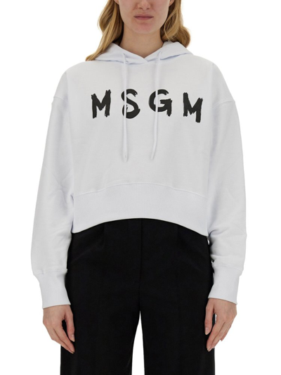 Shop Msgm Logo Printed Drawstring Hoodie In White
