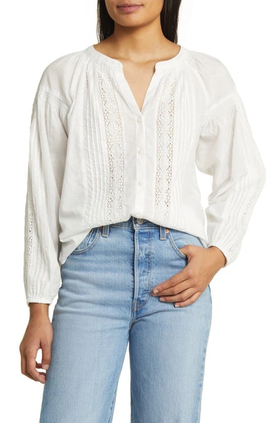 Shop Lucky Brand Relaxed Lace Trim Long Sleeve Button-up Top In Bright White
