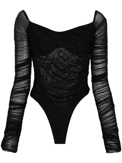 Shop Mugler Semi-sheer Ruched Bodysuit - Women's - Elastane/polyamide/cotton In Black