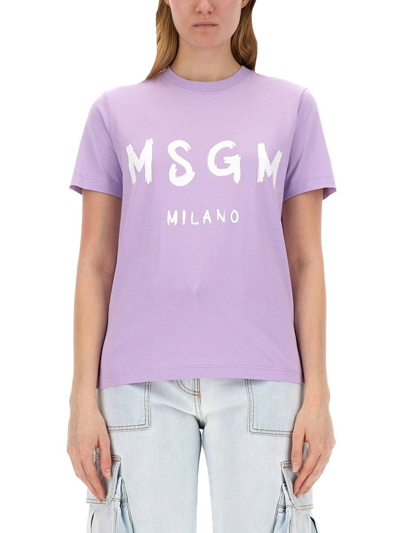 Shop Msgm Logo Printed Crewneck T In Purple
