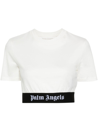 Shop Palm Angels T-shirt Crop Con Banda Logo In White