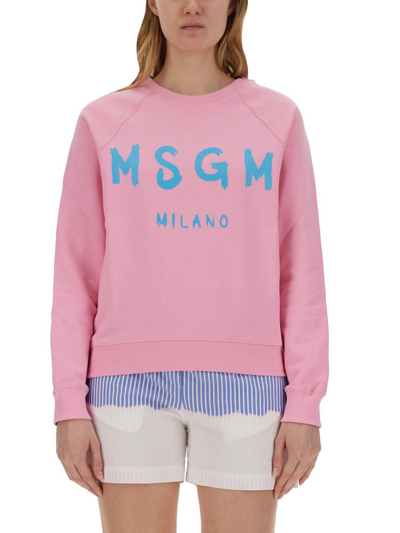 Shop Msgm Logo Printed Crewneck Sweatshirt In Pink
