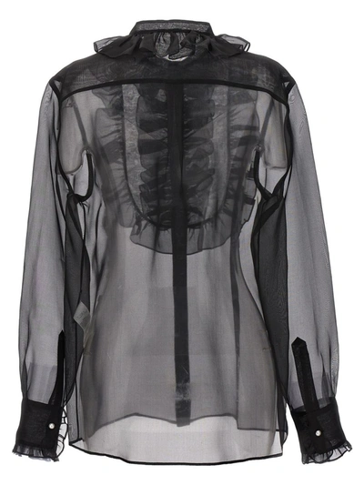 Dolce & Gabbana Sheer Fabric Ruffle Plastron Shirt In Black