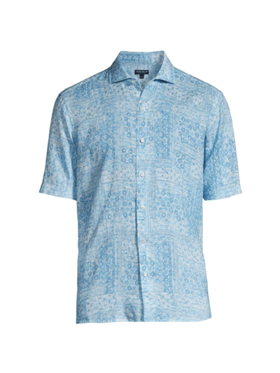 Shop Peter Millar Men's Crown Crafted Lian Linen Short-sleeve Sport Shirt In Cascade Blue