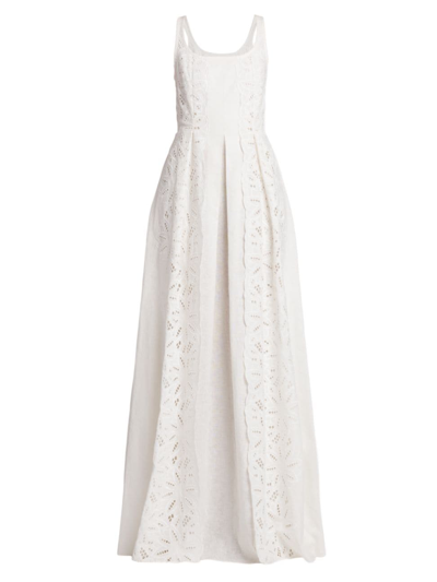 Shop Alberta Ferretti Women's Linen-blend Eyelet A-line Gown In White