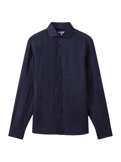 Shop Reiss Men's Nrd Ruban Linen Button-front Shirt In Navy
