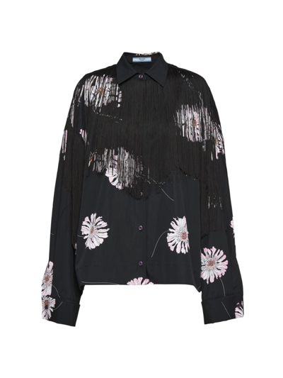 Shop Prada Women's Printed Poplin Shirt With Fringe In Black