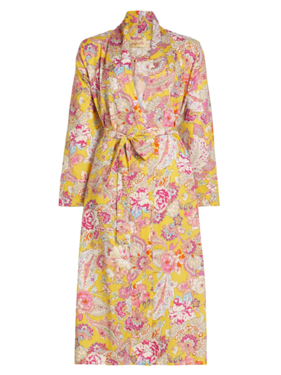 Shop Papinelle Women's Ella Belted Floral Cotton Sateen Maxi Robe In Lemon Zest