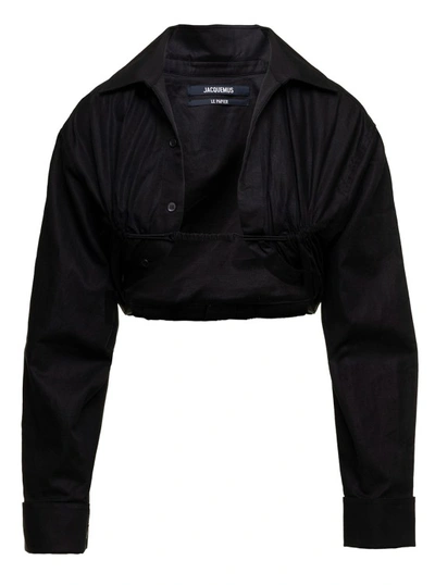 Shop Jacquemus Le Chemise Machou' Black Gathered Cropped Shirt