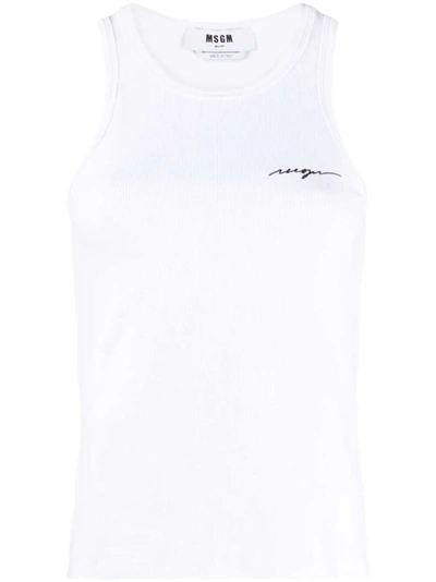 Shop Msgm White Embroidered-logo Ribbed Tank Top
