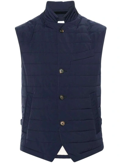 Shop Eleventy Navy Blue Quilted Puffer Waistcoat