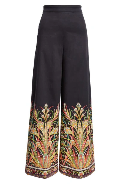 Shop Etro Placed Paisley Stretch Cotton Wide Leg Pants In Print On Black Base