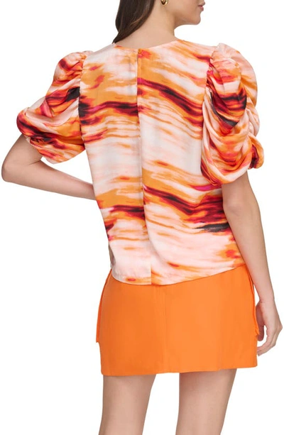 Shop Dkny Sportswear Print Puff Sleeve Satin Top In Orange Blossom Multi