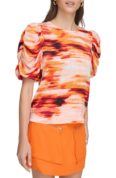 Shop Dkny Sportswear Print Puff Sleeve Satin Top In Orange Blossom Multi