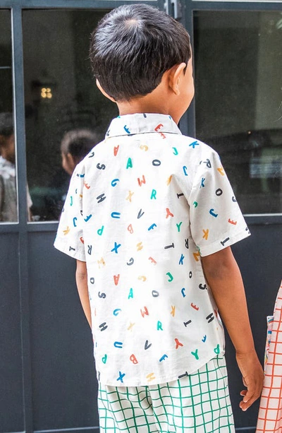 Shop Miki Miette Kids' Alphabet Print Short Sleeve Button-up Shirt In Alphabet Soup