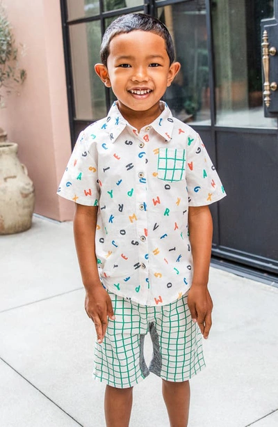 Miki Miette Kids' Alphabet Print Short Sleeve Button-up Shirt In Alphabet Soup