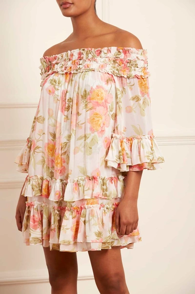 Shop Needle & Thread Peony Promise Chiffon Off-shoulder Tiered Micro Mini Dress In Multi