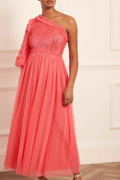 Shop Needle & Thread Shimmer Wave Bodice One-shoulder Ankle Gown In Pink