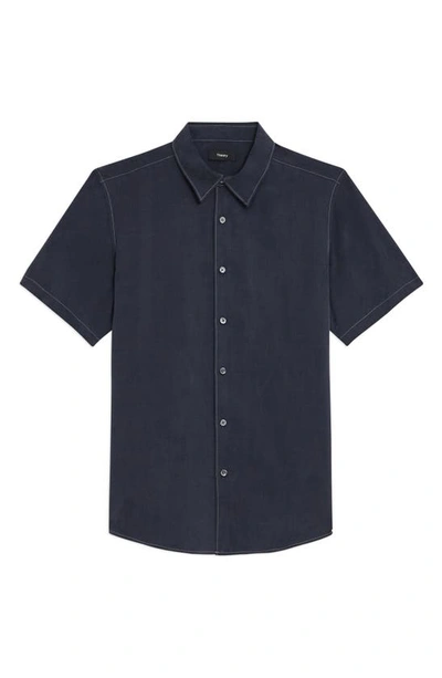 Shop Theory Irving Short Sleeve Lyocell Button-up Shirt In Black