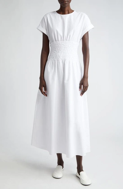 Shop Lafayette 148 New York Smocked Waist Cotton Poplin Midi Dress In White