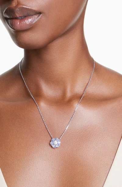 Swarovski Flower, Blue, Rhodium Plated Idyllia Pendant Necklace In Blue