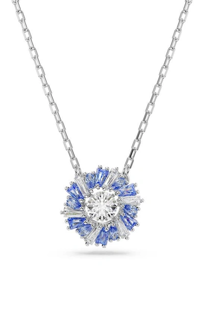 Swarovski Flower, Blue, Rhodium Plated Idyllia Pendant Necklace In Blue