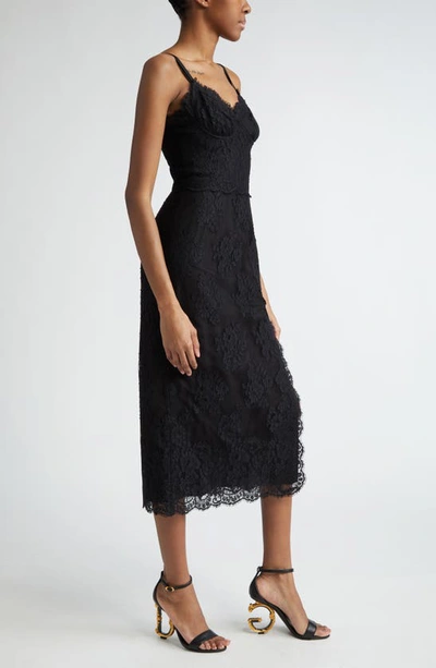 Dolce & Gabbana Lace Midi Dress With Double Scalloped Detailing In Nero