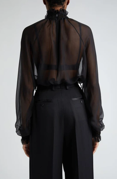 Shop Dolce & Gabbana Smocked Long Sleeve Silk Chiffon Top In Nero