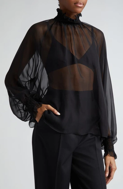 Shop Dolce & Gabbana Smocked Long Sleeve Silk Chiffon Top In Nero