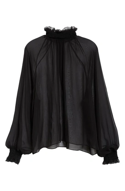 Shop Dolce & Gabbana Smocked Long Sleeve Silk Chiffon Top In Nero