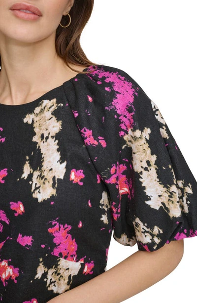 Shop Dkny Abstract Print Puff Sleeve Linen Blend Top In Black/ Shocking Pink Multi