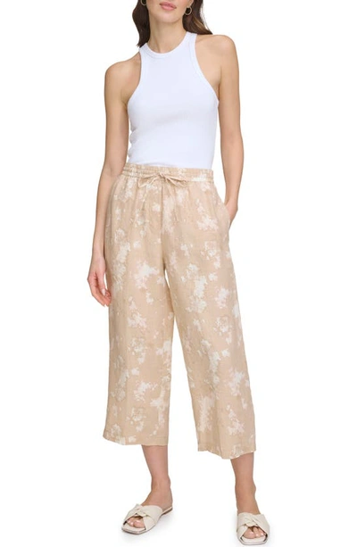 Shop Dkny Print Crop Linen Pants In Sandalwood/ Ivory Multi