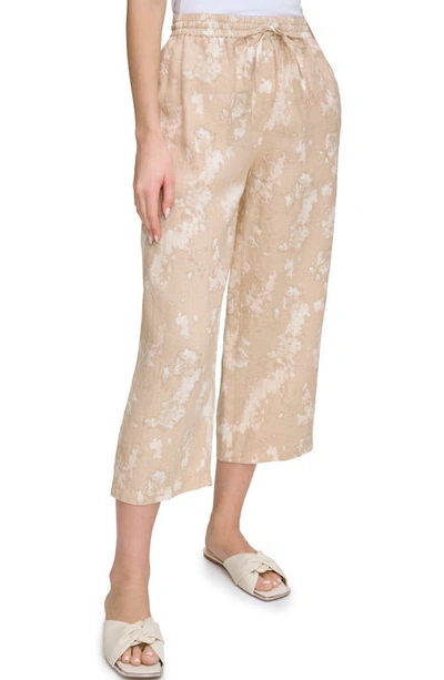 Shop Dkny Print Crop Linen Pants In Sandalwood/ Ivory Multi
