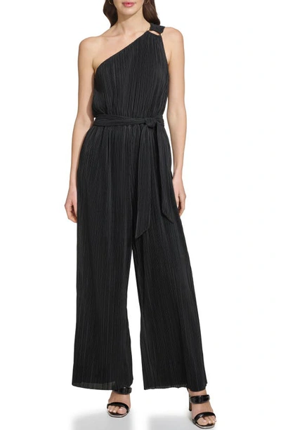 Shop Dkny Plissé One-shoulder Jumpsuit In Black