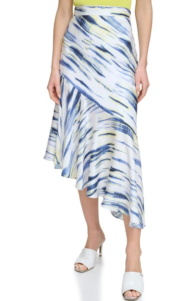 Shop Dkny Printed Asymmetric Satin Midi Skirt In White/ Inky Blue Multi