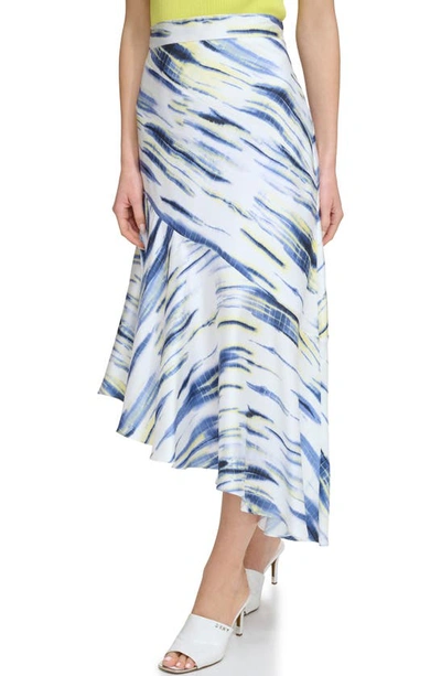 Shop Dkny Printed Asymmetric Satin Midi Skirt In White/ Inky Blue Multi