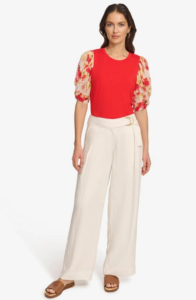Shop Dkny Floral Puff Sleeve Top In Flame/ Orange Blossom