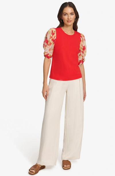 Shop Dkny Floral Puff Sleeve Top In Flame/ Orange Blossom