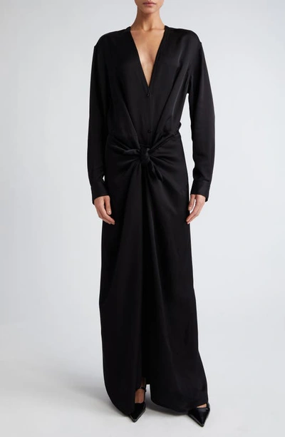 Shop Totême Toteme Long Sleeve Satin Knot Maxi Dress In Black
