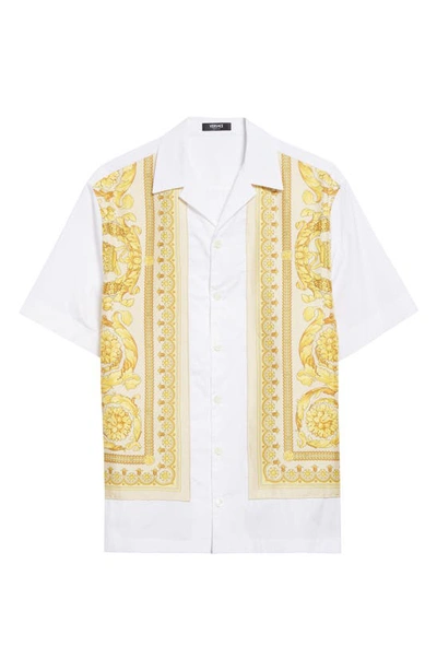 Shop Versace Barocco Print Silk Overlay Cotton Poplin Camp Shirt In Champagne
