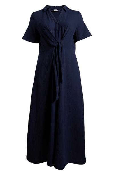 Shop Caslon Tie Front Cotton Gauze Maxi Dress In Navy Blazer