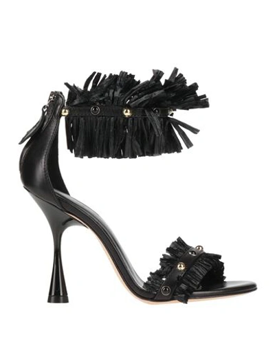 Shop Ncub Woman Sandals Black Size 8 Leather, Natural Raffia