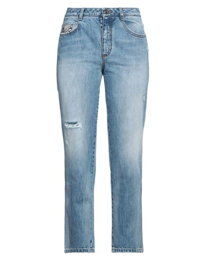 Shop Ermanno Scervino Woman Jeans Blue Size 10 Cotton, Glass, Abs - Acrylonitrile Butadiene Styrene, Silk