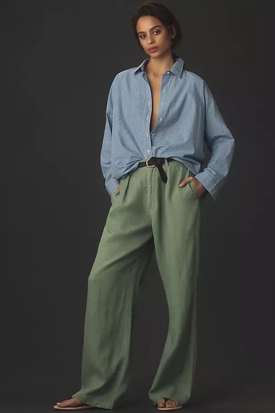 Shop Denimist Double-pleat Wide-leg Linen Pants In Green