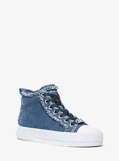 Shop Michael Kors Evy Frayed Denim High-top Sneaker In Blue